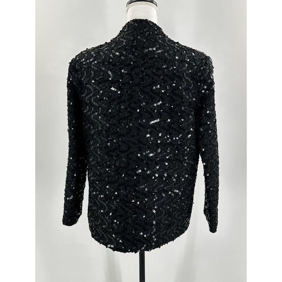 Miss H Jacket Blazer Black Sequins Long Sleeve Open Front Holiday Lined Medium - Picture 2 of 11